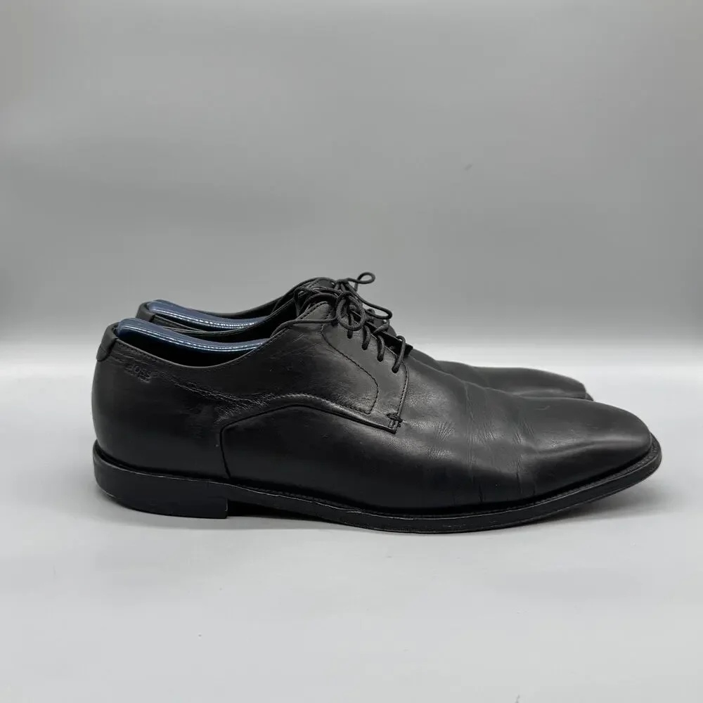 BOSS Hugo Boss Shoes Mens 8.5 Black Leather Derby Oxford Dress Square Toe Logo